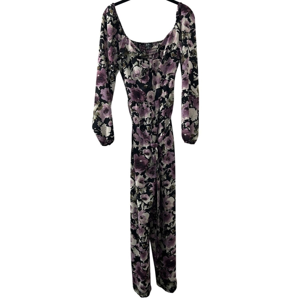 Lily Rose Floral Jumpsuit M Purple Black Long Sleeve Tie Waist Romantic Boho